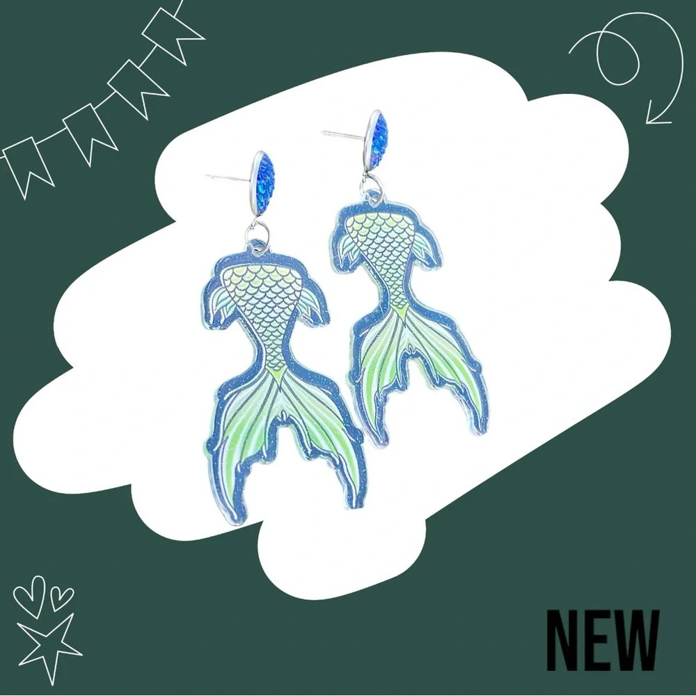 New Relief Double-sided Sparkling Multi-color Mermaid Fishtail Acrylic Earrings - Picture 6 of 8